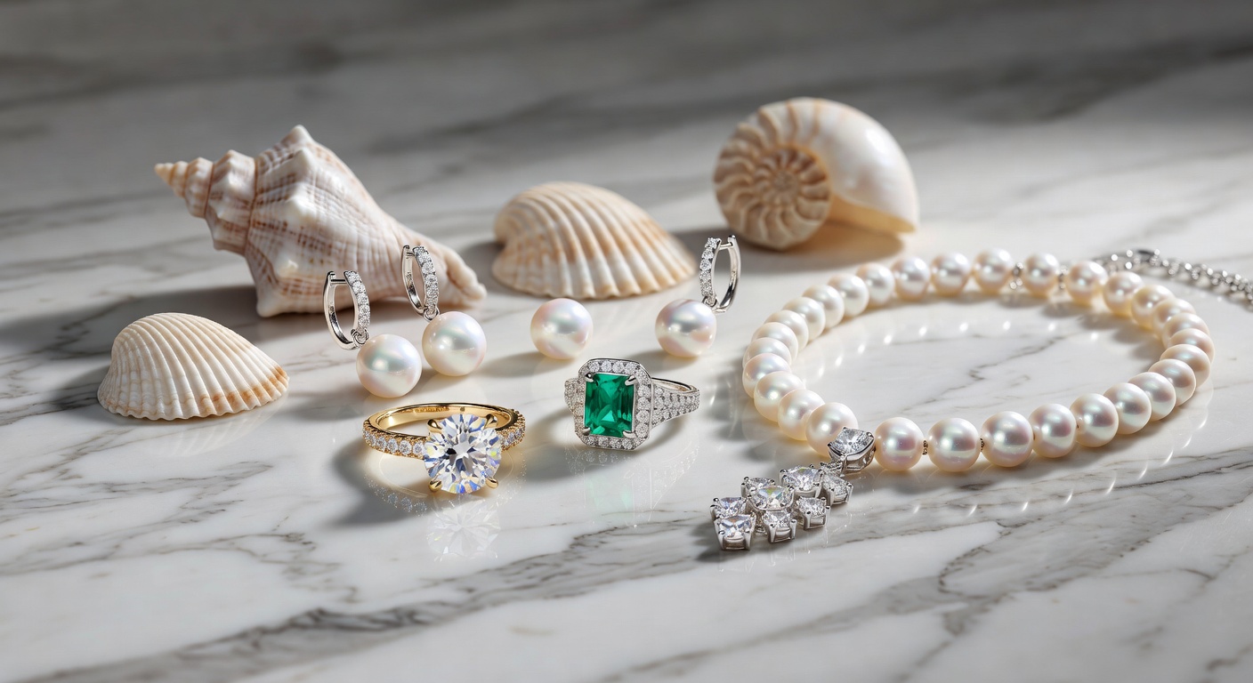 Ultra-realistic 8K image of finished custom jewelry pieces including rings, necklace and earrings arranged on a luxurious white marble surface with seashells