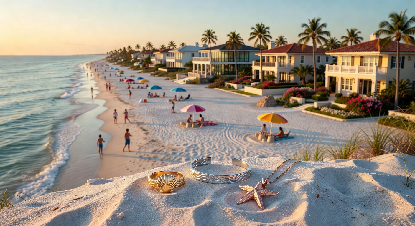 Stunning aerial view of Florida coastline with luxury beach homes, suggesting the environment that affects local jewelry, golden hour, ultra realistic 8K