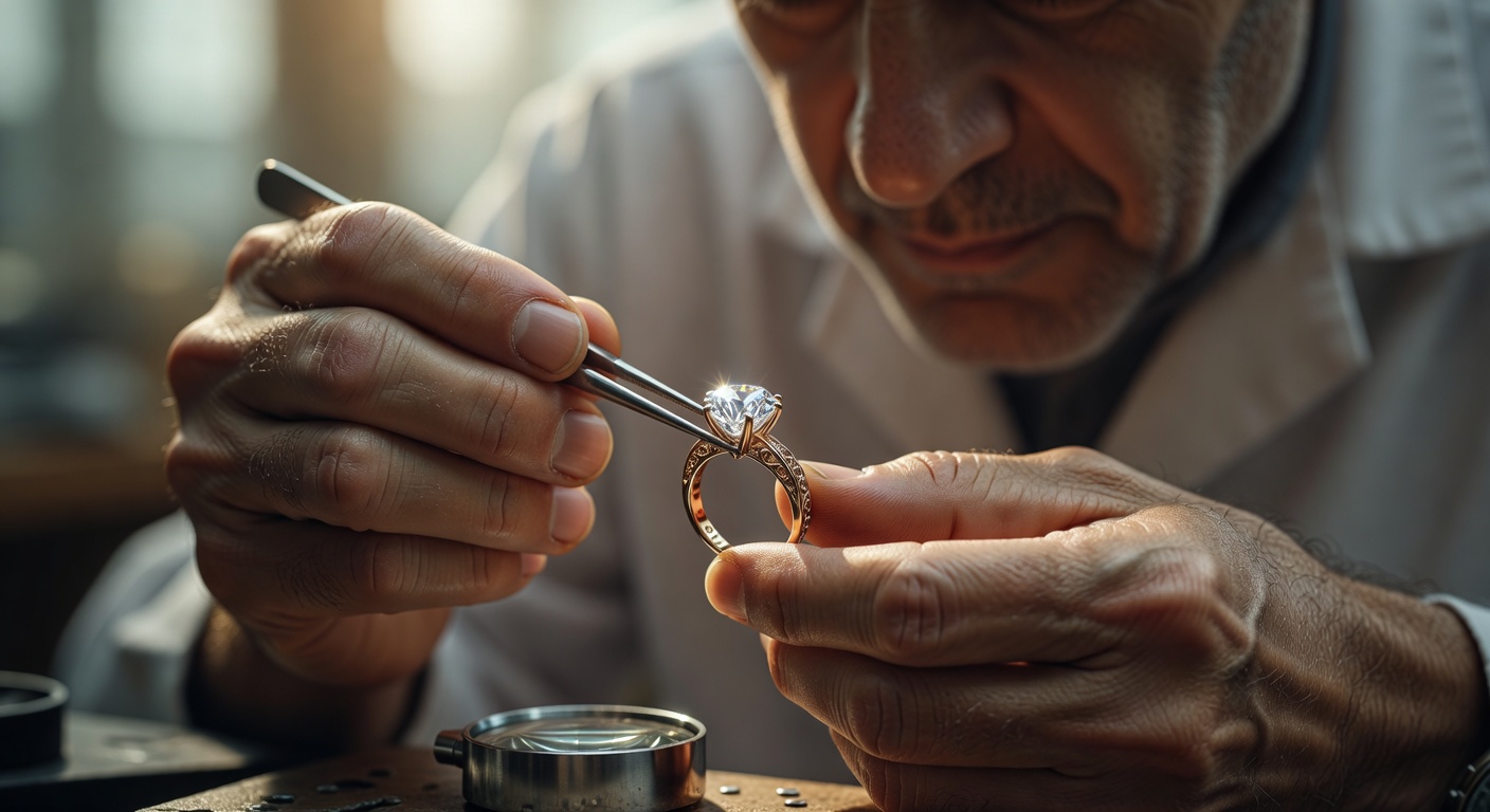 Professional 8K photograph of a master jeweler carefully hand-setting a brilliant round diamond into a custom gold mounting using precision tools
