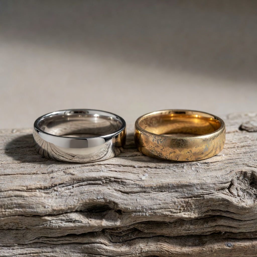 Close-up of platinum wedding band versus 14k gold band showing different levels of tarnish after exposure to ocean air, side by side comparison, 8K