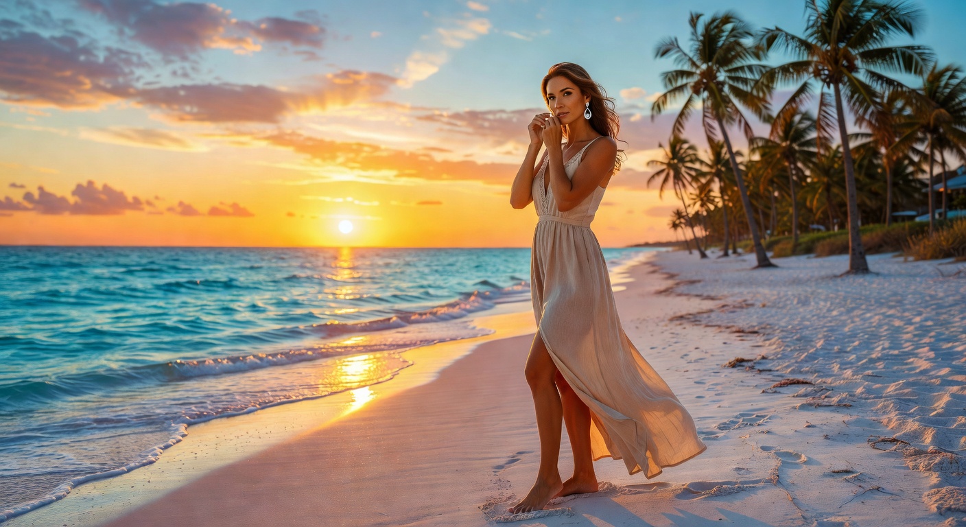 Elegant woman removing diamond earrings before swimming in ocean, lifestyle scene on Florida beach at sunset, cinematic lighting, ultra realistic 8K