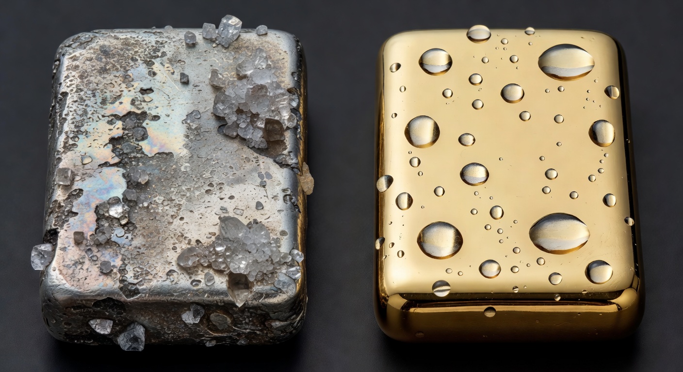 Ultra-detailed 8K macro shot showing the difference between tarnished silver and pristine 18k gold after salt water exposure, educational style