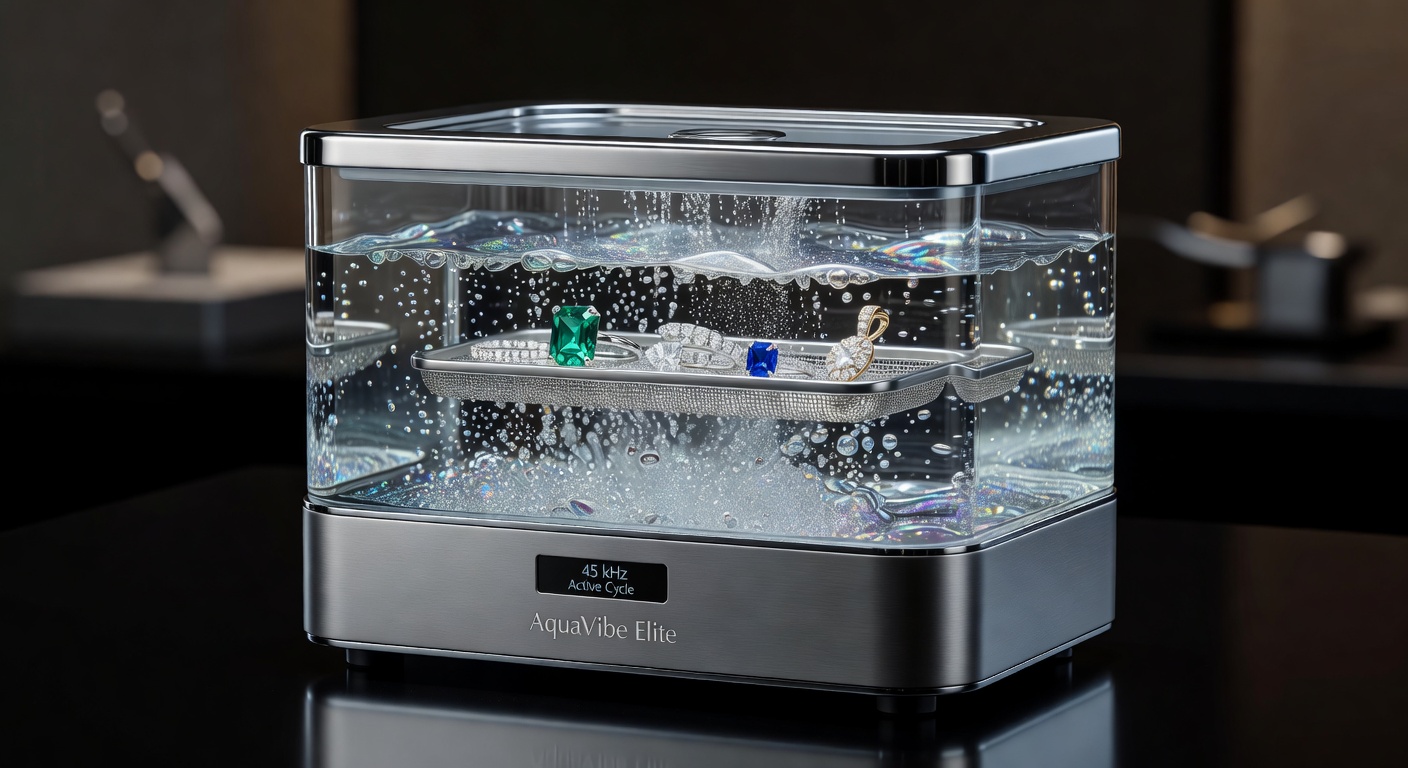 Ultrasonic jewelry cleaner in action with fine jewelry inside, bubbles visible, professional studio lighting, detailed product shot, 8K resolution