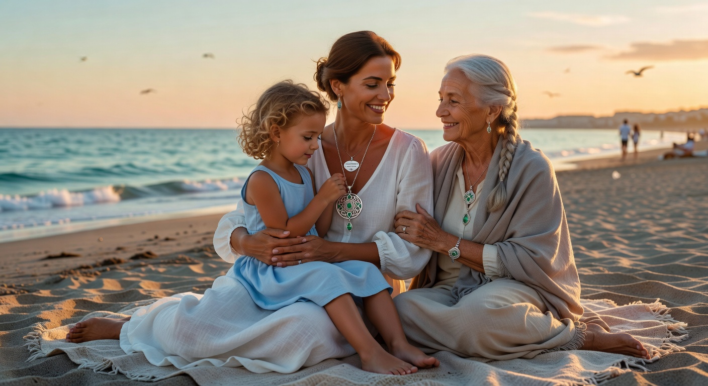 Elegant 8K lifestyle photograph of a multi-generational family on Naples beach with mother wearing custom heirloom jewelry passed down through generations