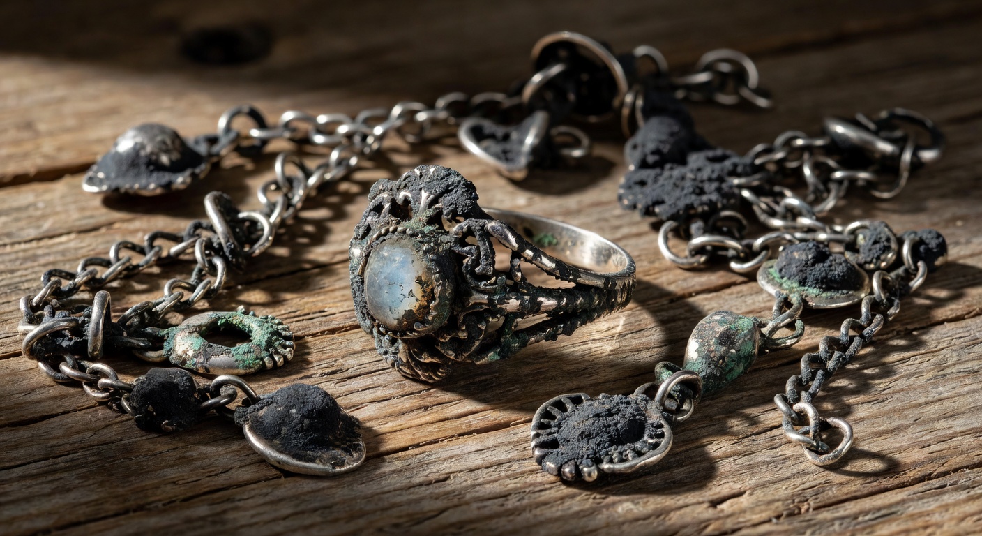 Vintage silver jewelry showing severe tarnish damage from prolonged Florida humidity exposure, dramatic before cleaning photo, high detail 8K