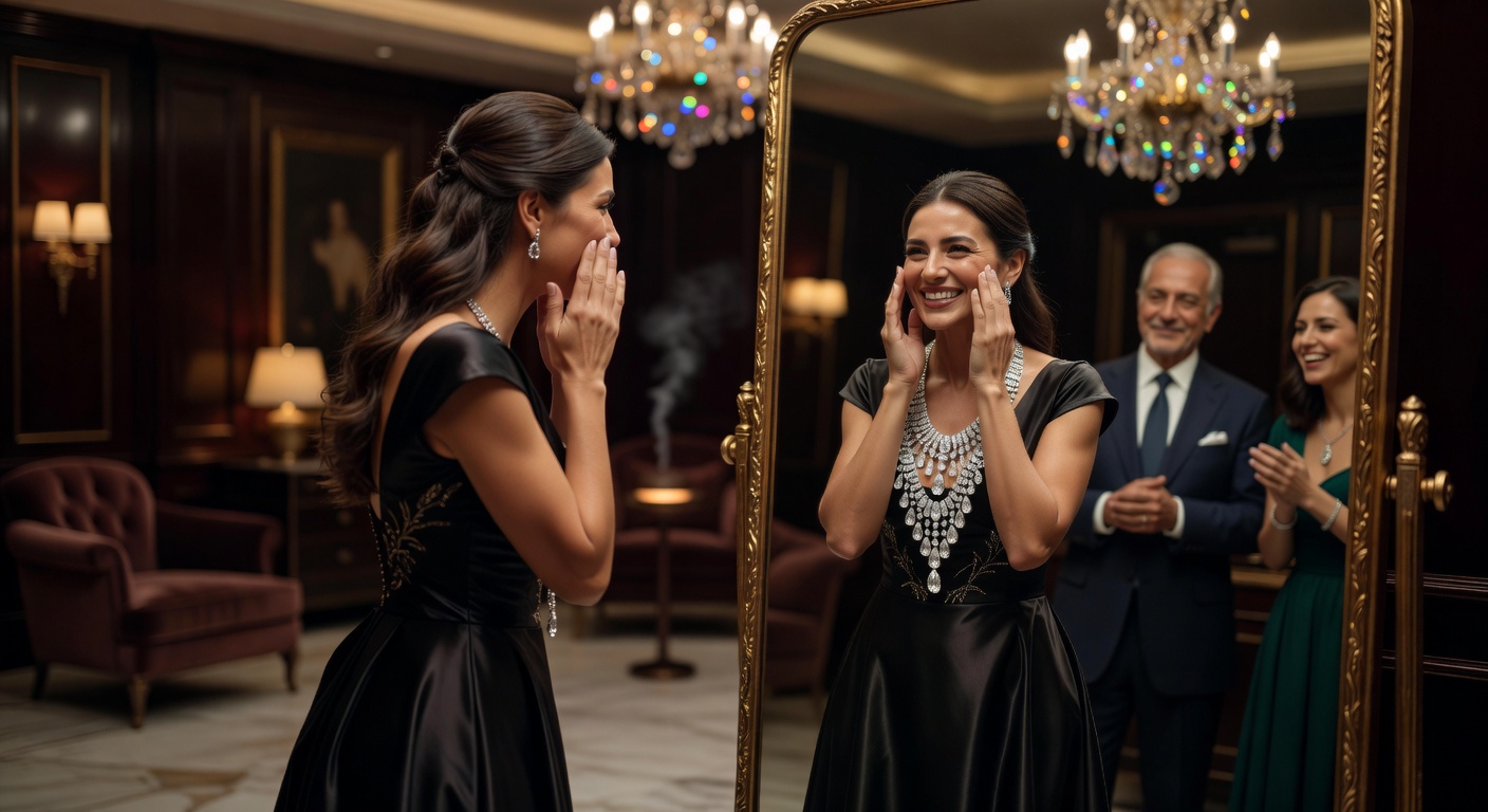 Cinematic ultra-realistic 8K image of the final custom jewelry reveal moment, excited client viewing her completed piece for the first time in mirror at Cleopatra's Barge