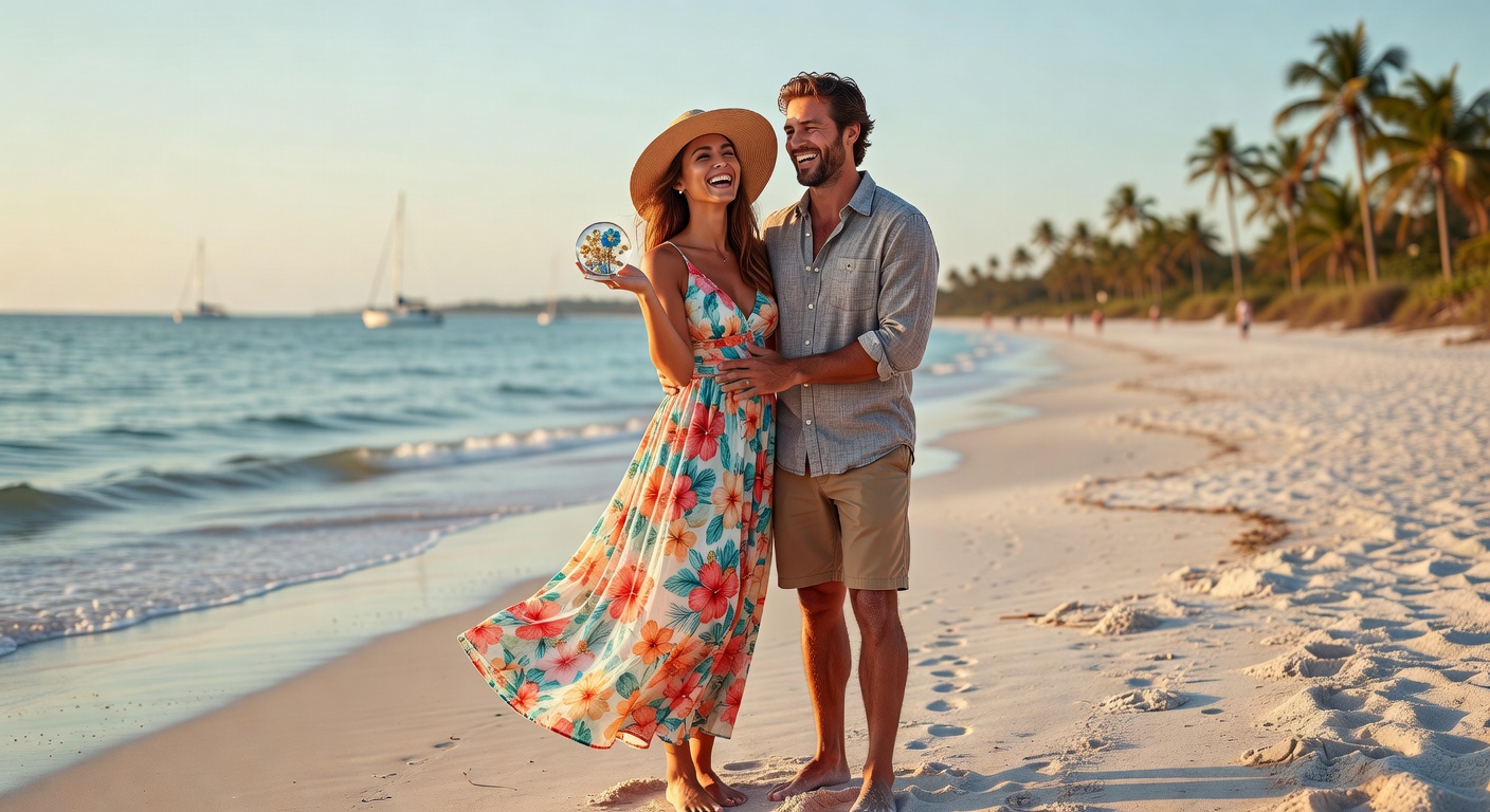 Happy couple on Florida beach with woman wearing beautiful preserved jewelry, joyful lifestyle moment, bright sunny day, ultra realistic 8K photography