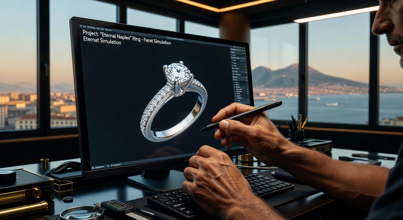 Close-up ultra-detailed 8K image of a jeweler's hands carefully examining a 3D CAD model of a custom diamond ring on a high-resolution computer monitor in a Naples studio