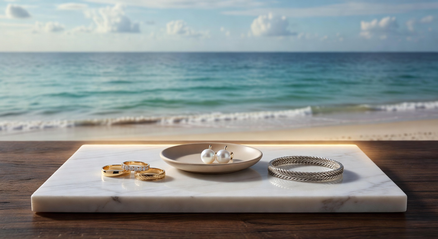 Professional studio shot of various fine jewelry pieces including gold rings, pearl earrings and silver bracelet arranged on marble surface with ocean background in Florida, 8K resolution
