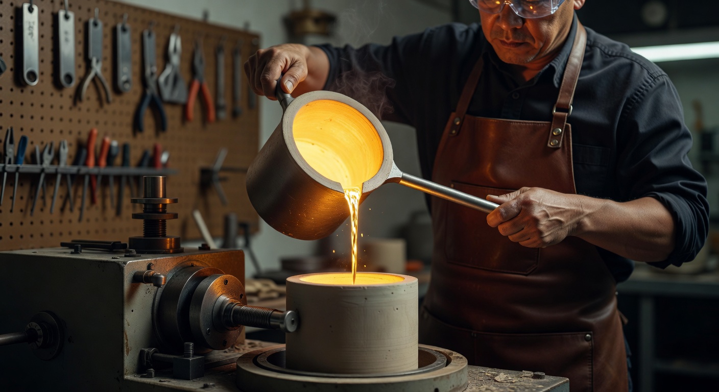 Photorealistic 8K rendering of the lost-wax casting process showing molten 18k gold being poured into ceramic mold in a professional jewelry workshop, dramatic lighting