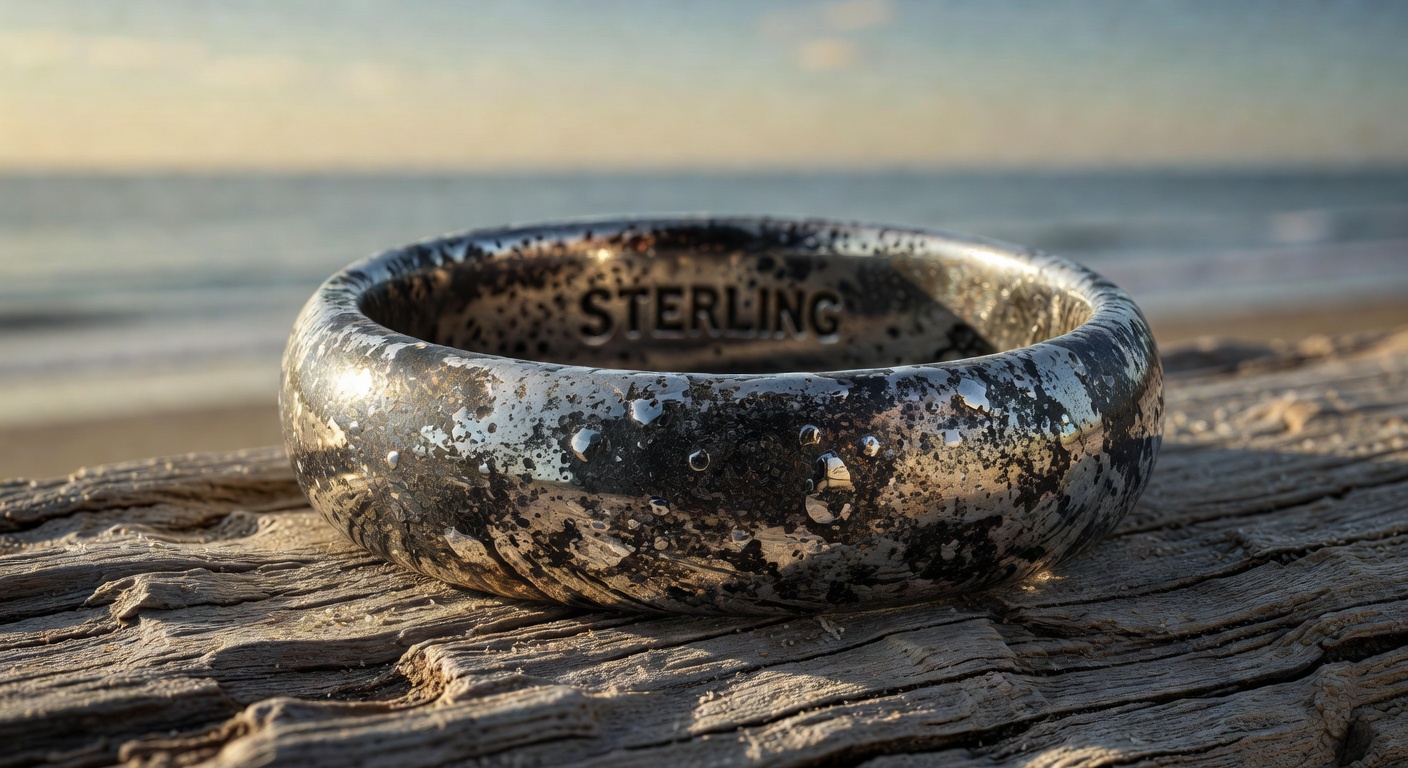 Extreme close-up macro photograph of tarnished sterling silver ring with black sulfide corrosion caused by salt air, highly detailed texture, 8K ultra realistic