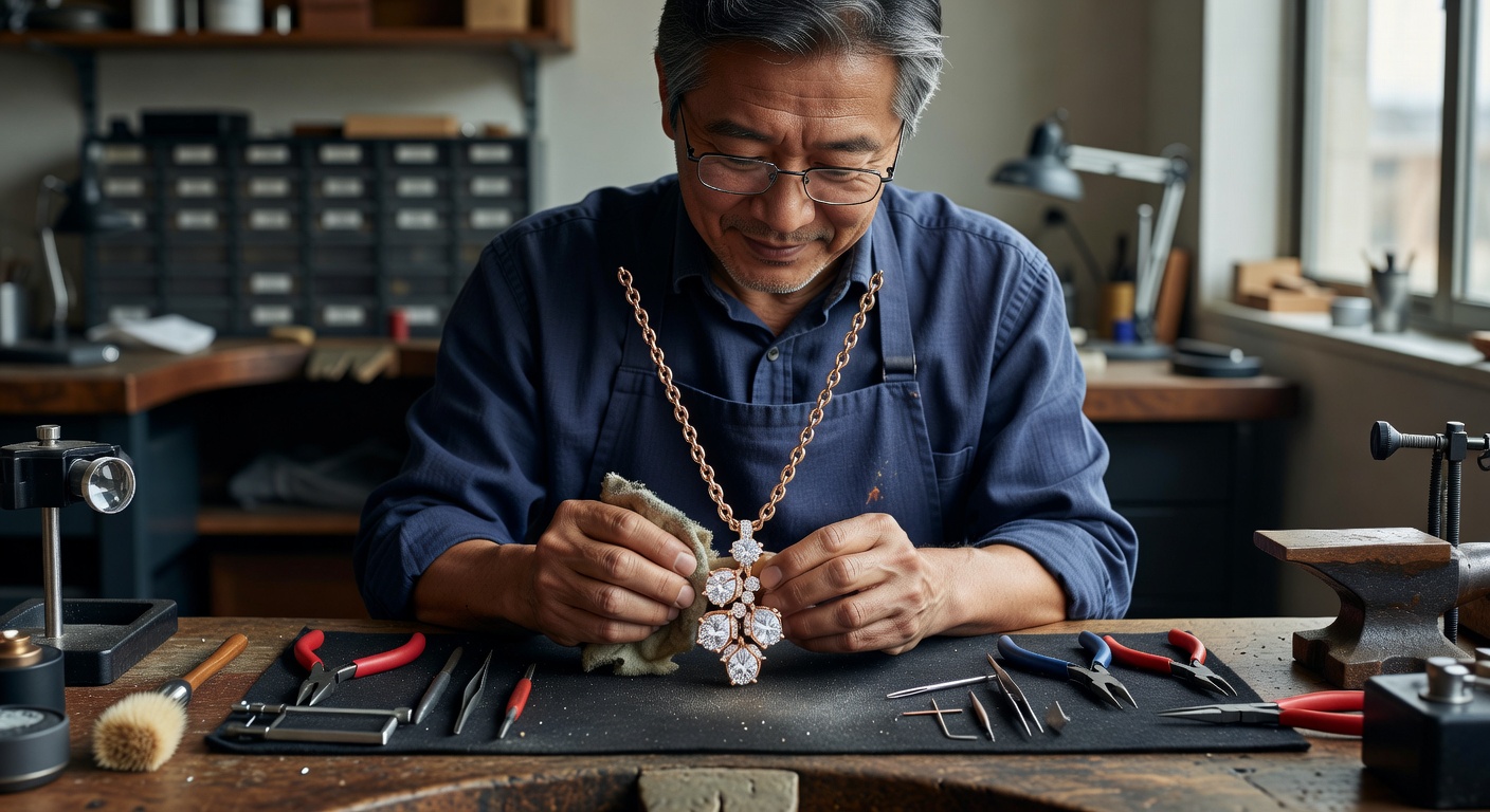 Ultra-realistic 8K image of a finished custom rose gold and diamond necklace being hand-polished by master jeweler at workbench with tools visible, soft natural window light