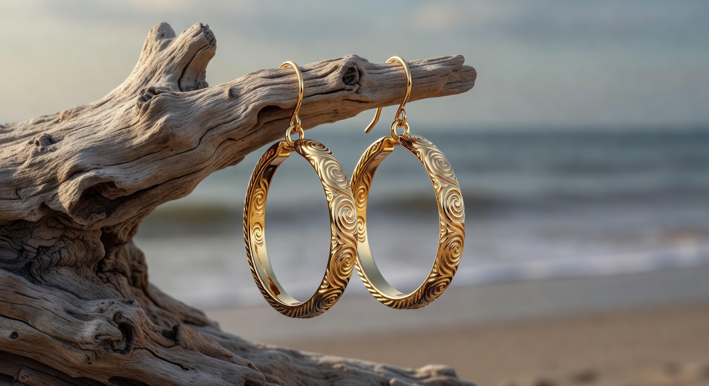 Detailed 8K product photograph of solid 18k yellow gold custom hoop earrings designed for coastal living, displayed on driftwood with gentle waves in soft focus background