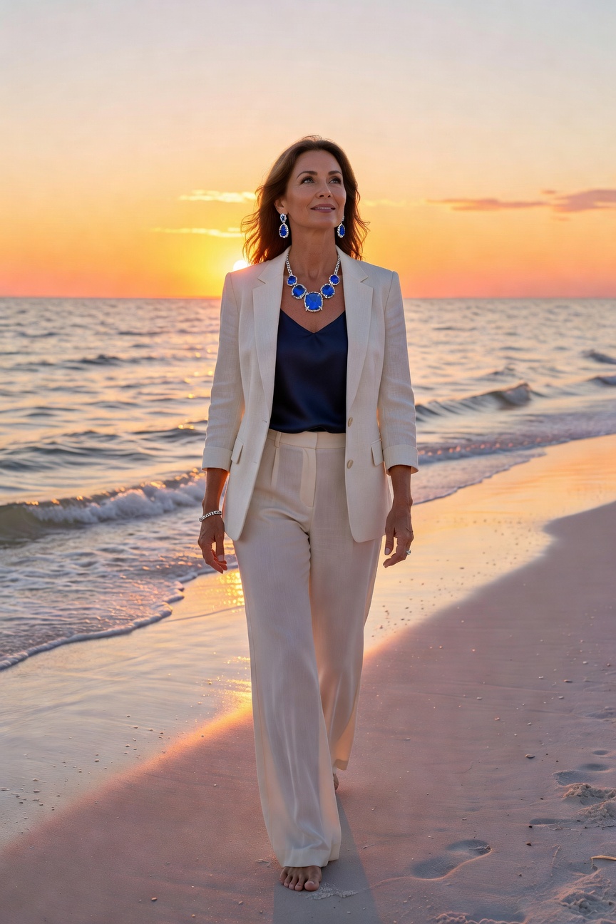 Ultra-realistic 8K portrait of a sophisticated woman in her 50s wearing custom platinum and sapphire jewelry while walking on Naples Beach at golden hour