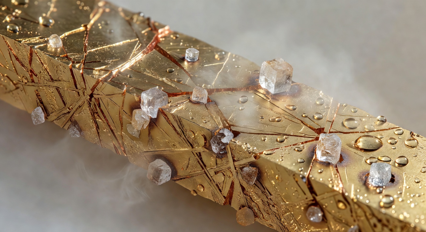 Cross section diagram showing how salt particles penetrate gold alloy structure in high humidity environment, scientific illustration with realistic textures, 8K