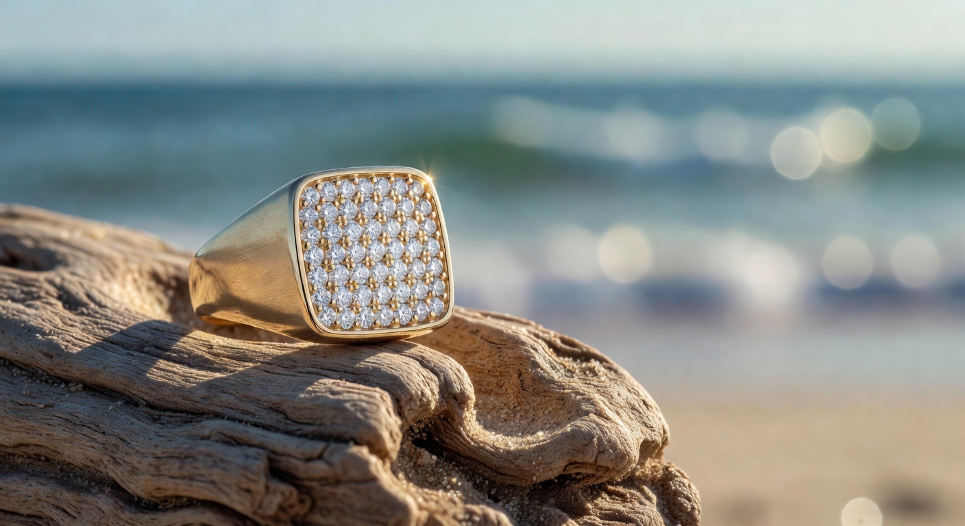 Extreme close-up 8K macro photograph showing the intricate pavé diamond setting and metal texture on a custom coastal-inspired ring
