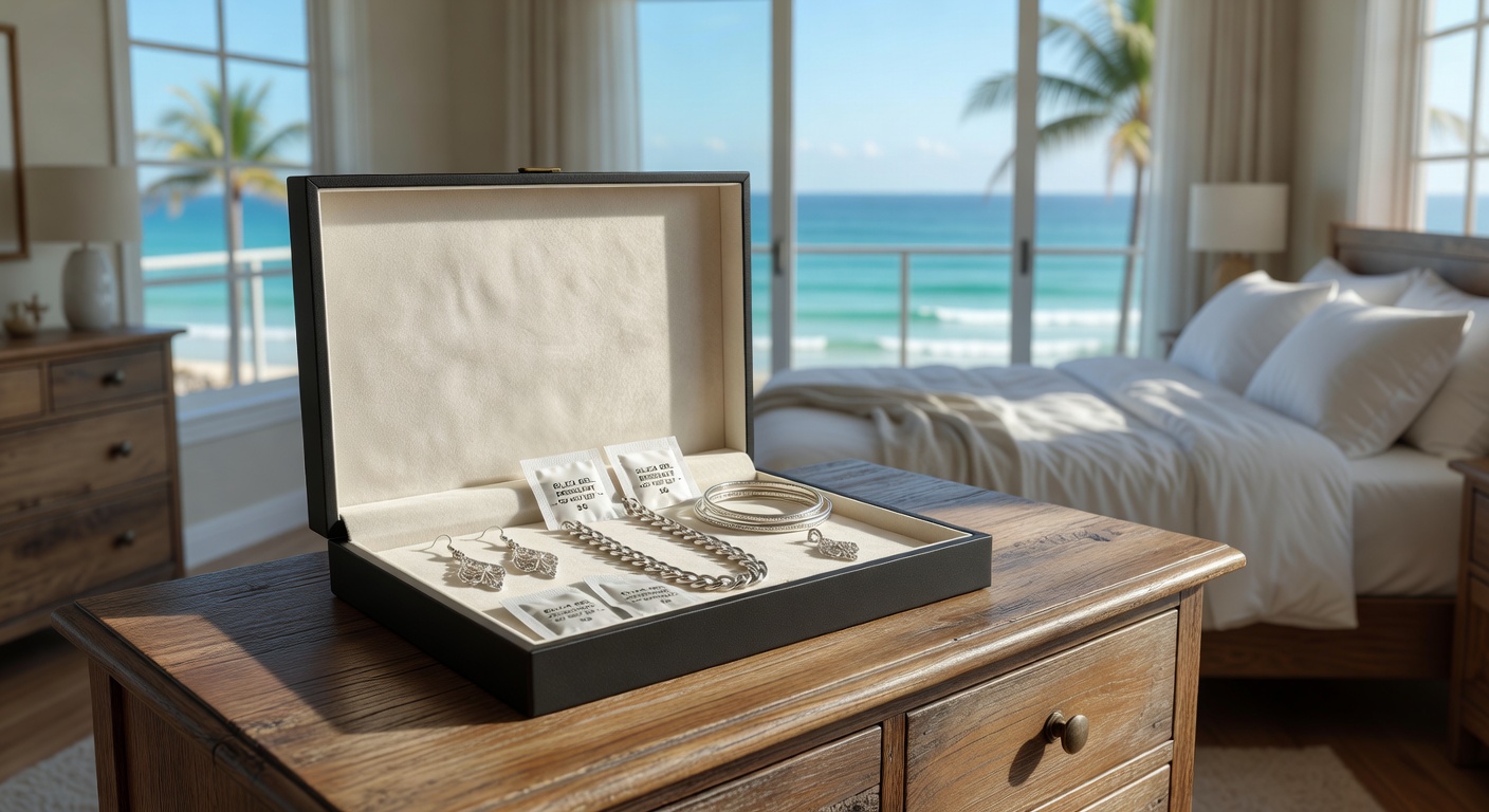 Open anti-tarnish jewelry box with silver pieces inside, silica gel packets visible, placed on dresser in sunny Florida coastal bedroom, realistic 8K image
