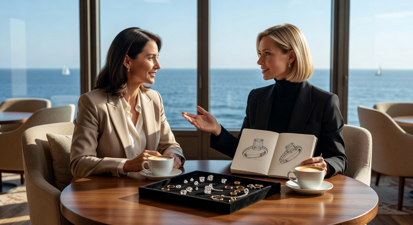 Photorealistic 8K image of initial jewelry design consultation at Cleopatra's Barge, designer and client discussing sketches over coffee with ocean view