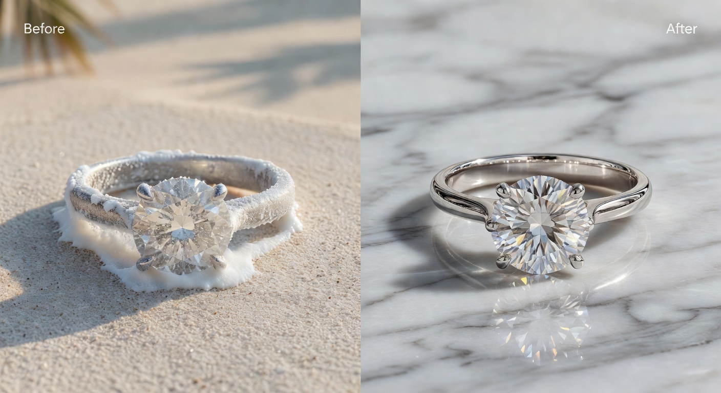 Before and after comparison of cleaned versus uncleaned diamond engagement ring affected by Florida sunscreen residue, split screen ultra realistic photography