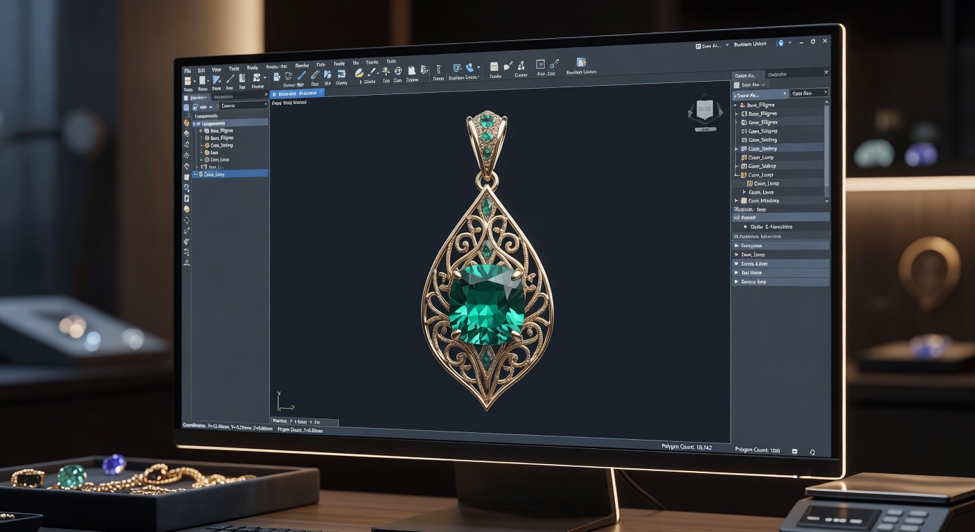 Ultra-detailed 8K visualization of CAD jewelry design software interface showing a custom pendant design in progress on a large monitor