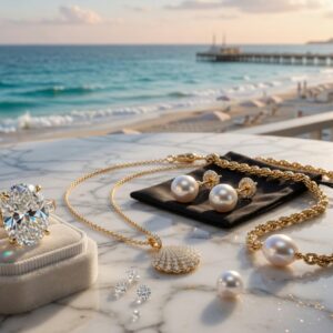 Ultra-realistic 8K photograph of elegant fine jewelry collection including diamond rings, gold necklaces and pearl earrings displayed on a marble surface with Naples beach and turquoise ocean visible in background, soft natural lighting, luxurious lifestyle aesthetic