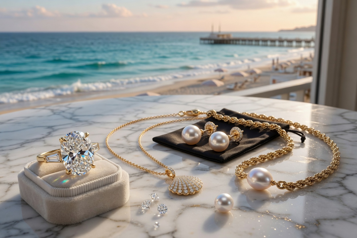Ultra-realistic 8K photograph of elegant fine jewelry collection including diamond rings, gold necklaces and pearl earrings displayed on a marble surface with Naples beach and turquoise ocean visible in background, soft natural lighting, luxurious lifestyle aesthetic