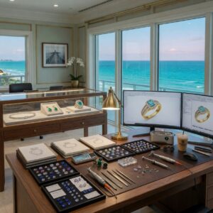Ultra-realistic 8K photograph of a luxurious custom jewelry design studio in Naples Florida with large windows overlooking the ocean, workbench with tools, 3D CAD monitors, and sparkling gemstones on display, professional lighting, elegant interior