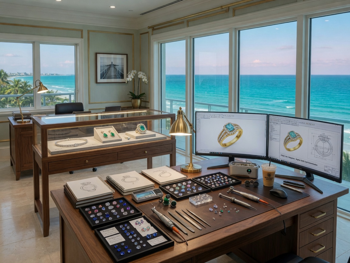Ultra-realistic 8K photograph of a luxurious custom jewelry design studio in Naples Florida with large windows overlooking the ocean, workbench with tools, 3D CAD monitors, and sparkling gemstones on display, professional lighting, elegant interior