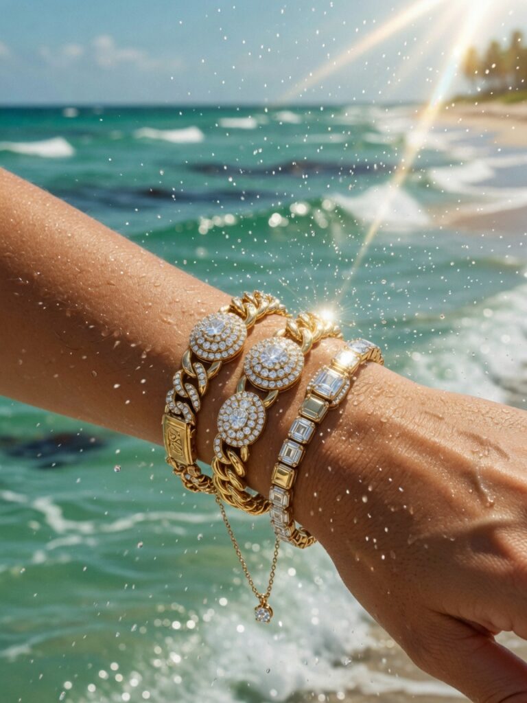 Ultra-realistic 8K close-up of elegant gold and diamond jewelry on a woman's wrist with Florida ocean waves in background, bright sunlight, salt spray visible in air, luxury lifestyle photography