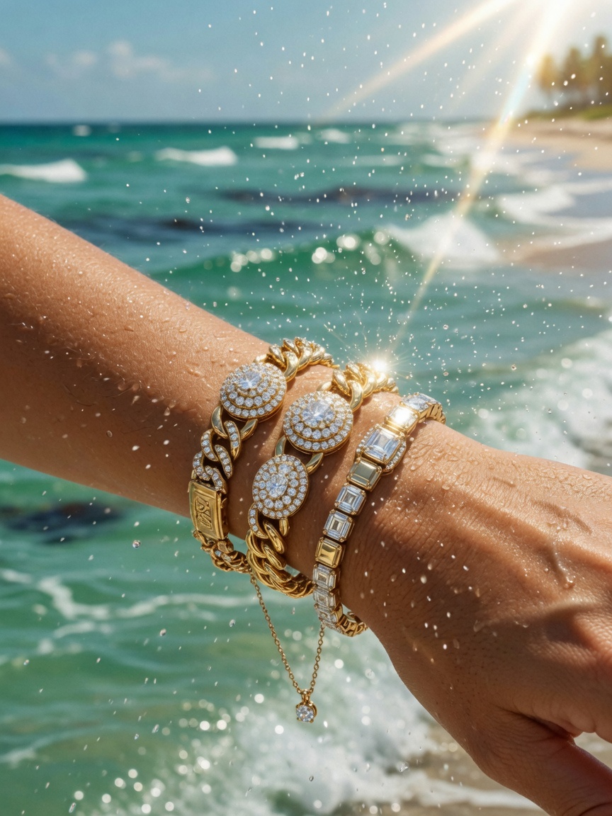 Ultra-realistic 8K close-up of elegant gold and diamond jewelry on a woman's wrist with Florida ocean waves in background, bright sunlight, salt spray visible in air, luxury lifestyle photography