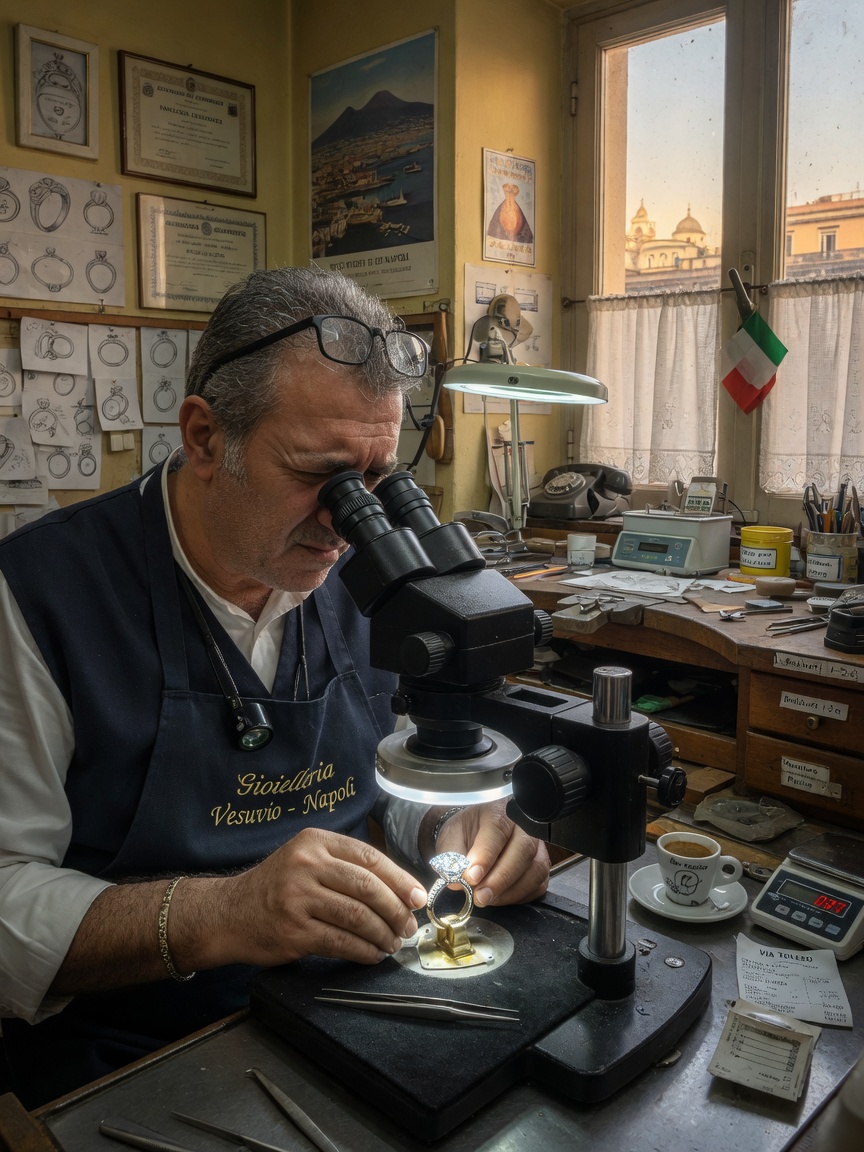 Professional jeweler in Naples examining a diamond ring under microscope, focused expression, detailed workshop environment, realistic 8K photography