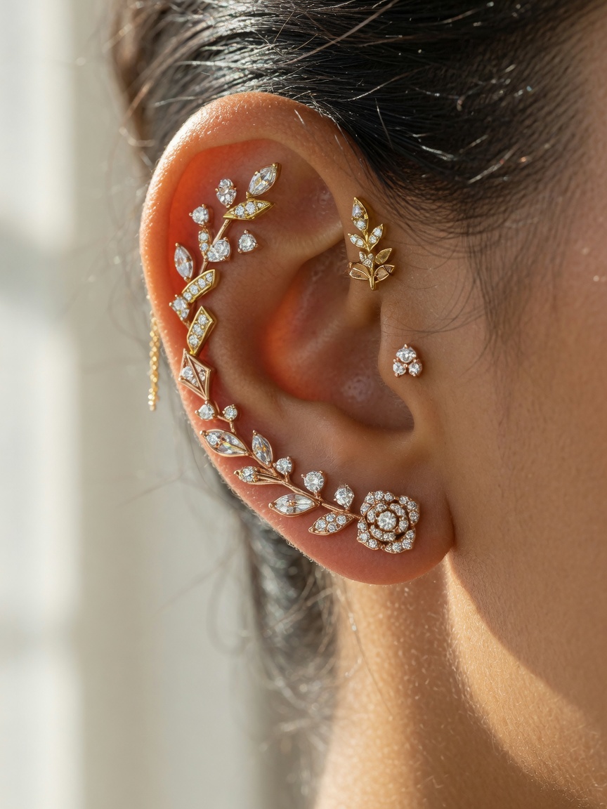 Asymmetrical diamond ear climber with rose and yellow gold detail being worn on woman's ear, ultra-realistic close-up fashion photography, soft natural lighting