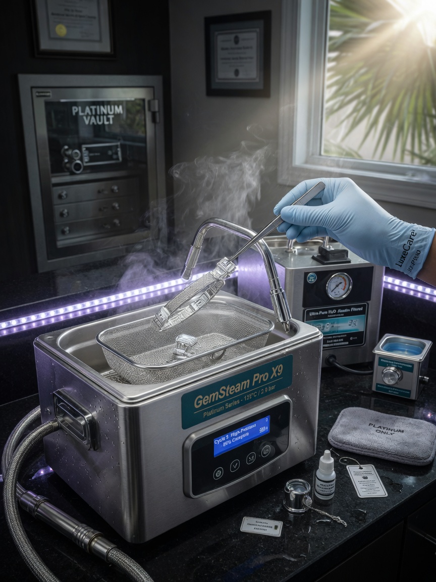 Professional steam cleaning of platinum jewelry at high-end Florida jeweler, detailed equipment and process, realistic commercial photography 8K