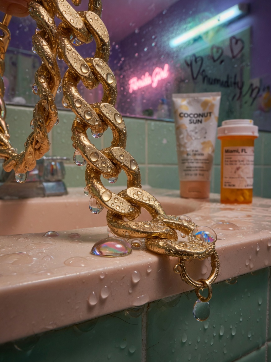 High humidity condensation forming on gold jewelry in a Florida bathroom setting, atmospheric moody lighting, ultra-detailed macro photography 8K