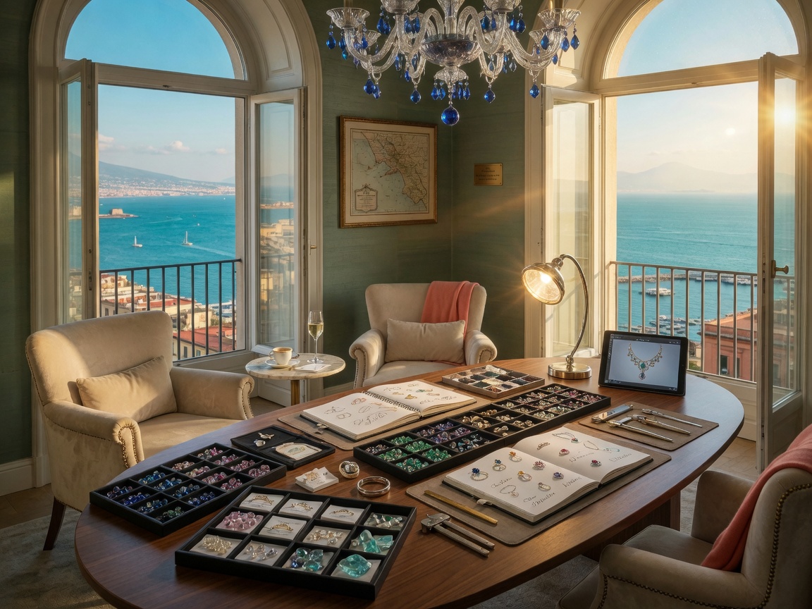 Luxurious custom jewelry design consultation room in Naples with ocean view, comfortable seating, large design table covered with gemstone trays and sketchbooks