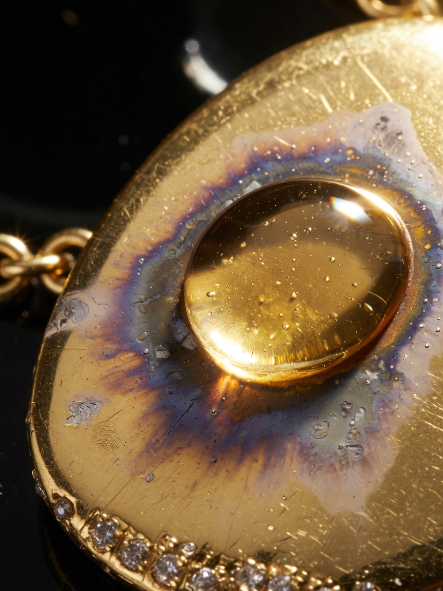 Dramatic image of sunscreen chemical droplet causing discoloration on gold surface, macro photography, scientific jewelry damage visualization, ultra detailed