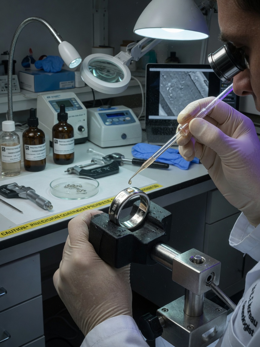 Protective coating being applied to platinum ring by jeweler using precision tool, scientific laboratory atmosphere, ultra-realistic 8K detail