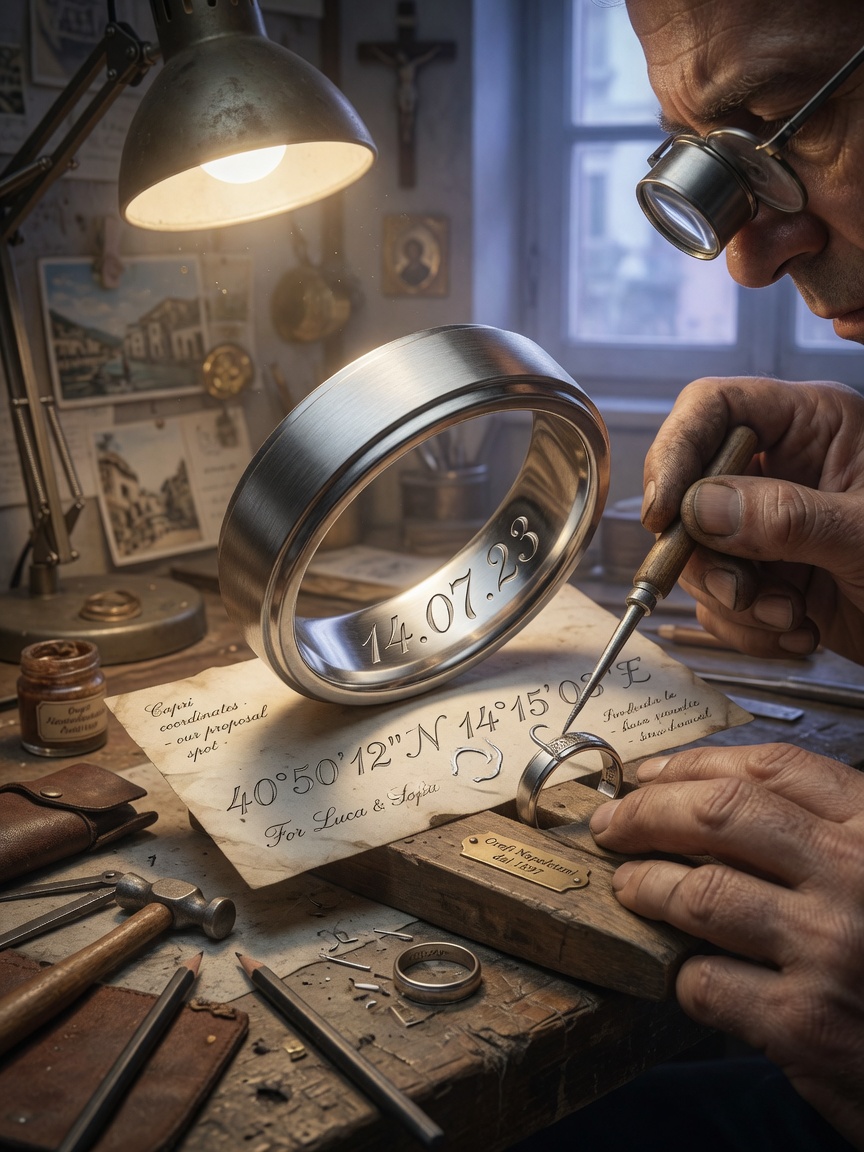 Handcrafted custom wedding band being hand-engraved with meaningful date and coordinates by skilled Naples artisan using traditional tools, extreme detail