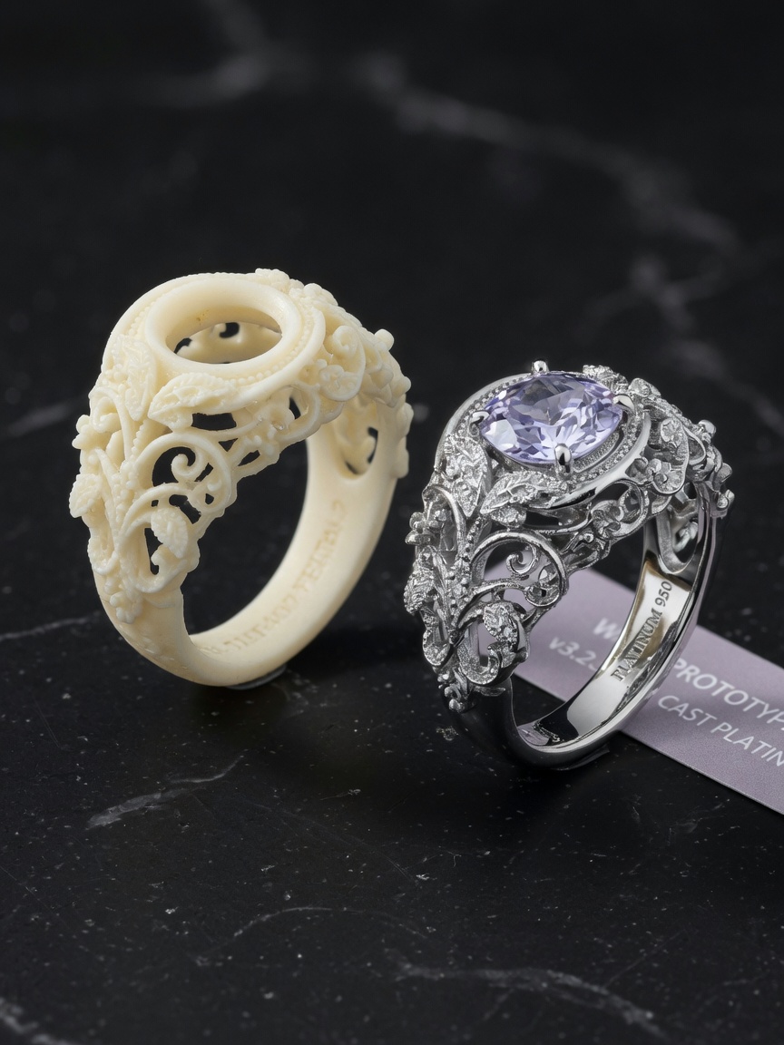 Beautiful 3D printed wax prototype of an intricate custom ring design sitting next to the finished platinum version, side-by-side comparison, professional studio lighting