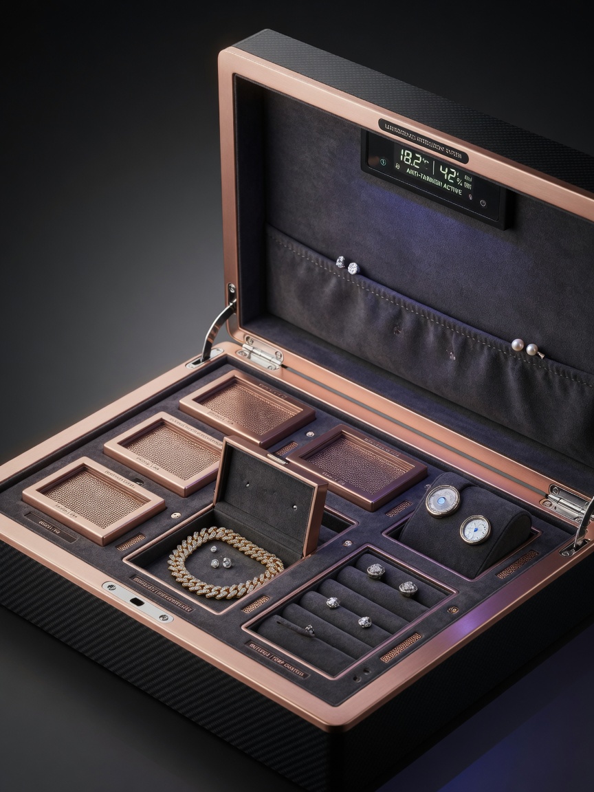 Open luxury jewelry box with climate control features, individual anti-tarnish compartments, modern design, product photography style, 8K resolution