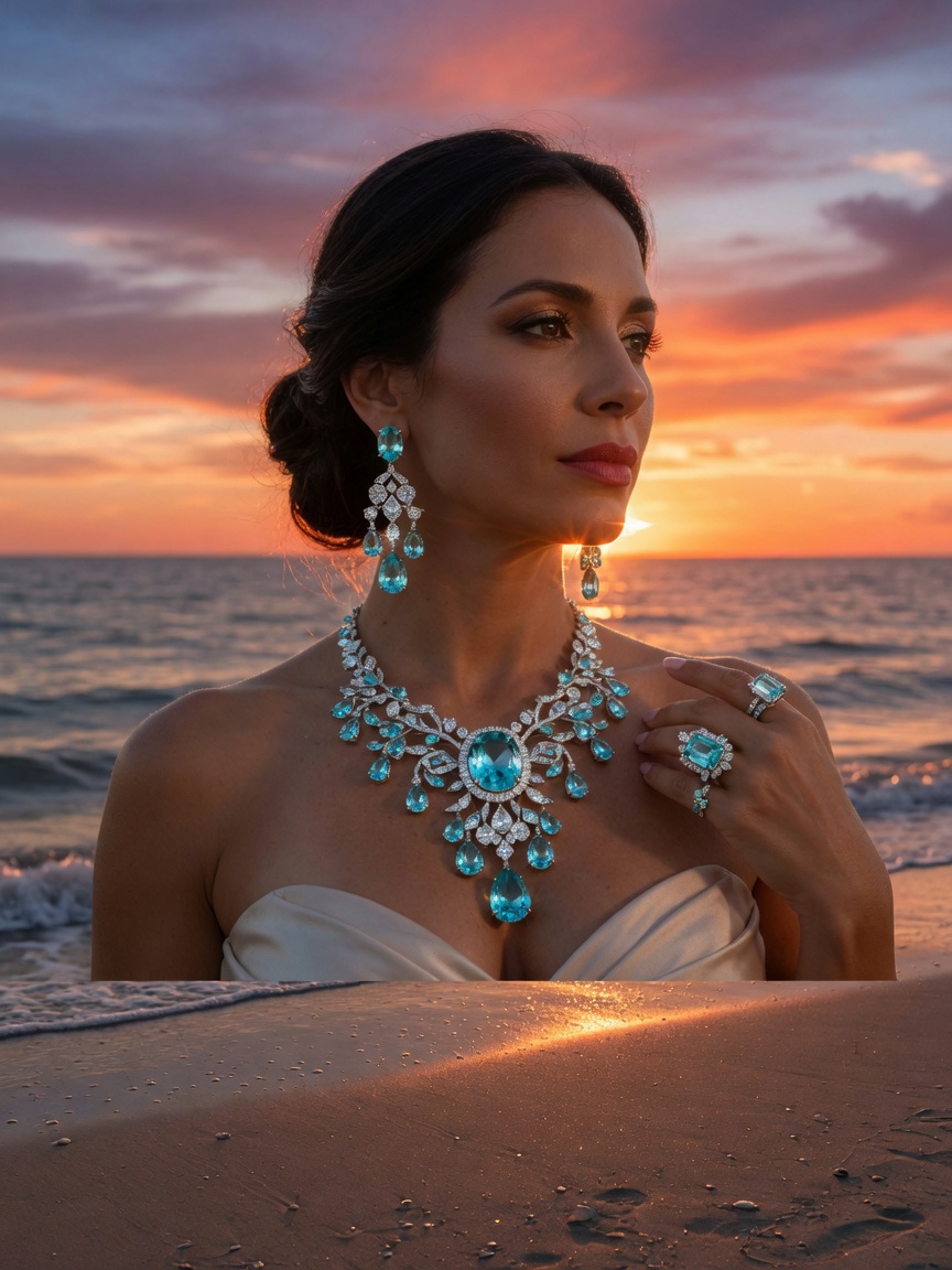 Elegant woman wearing a complete custom jewelry suite including necklace, earrings and ring featuring aquamarine and diamond combination, standing on Naples beach at sunset