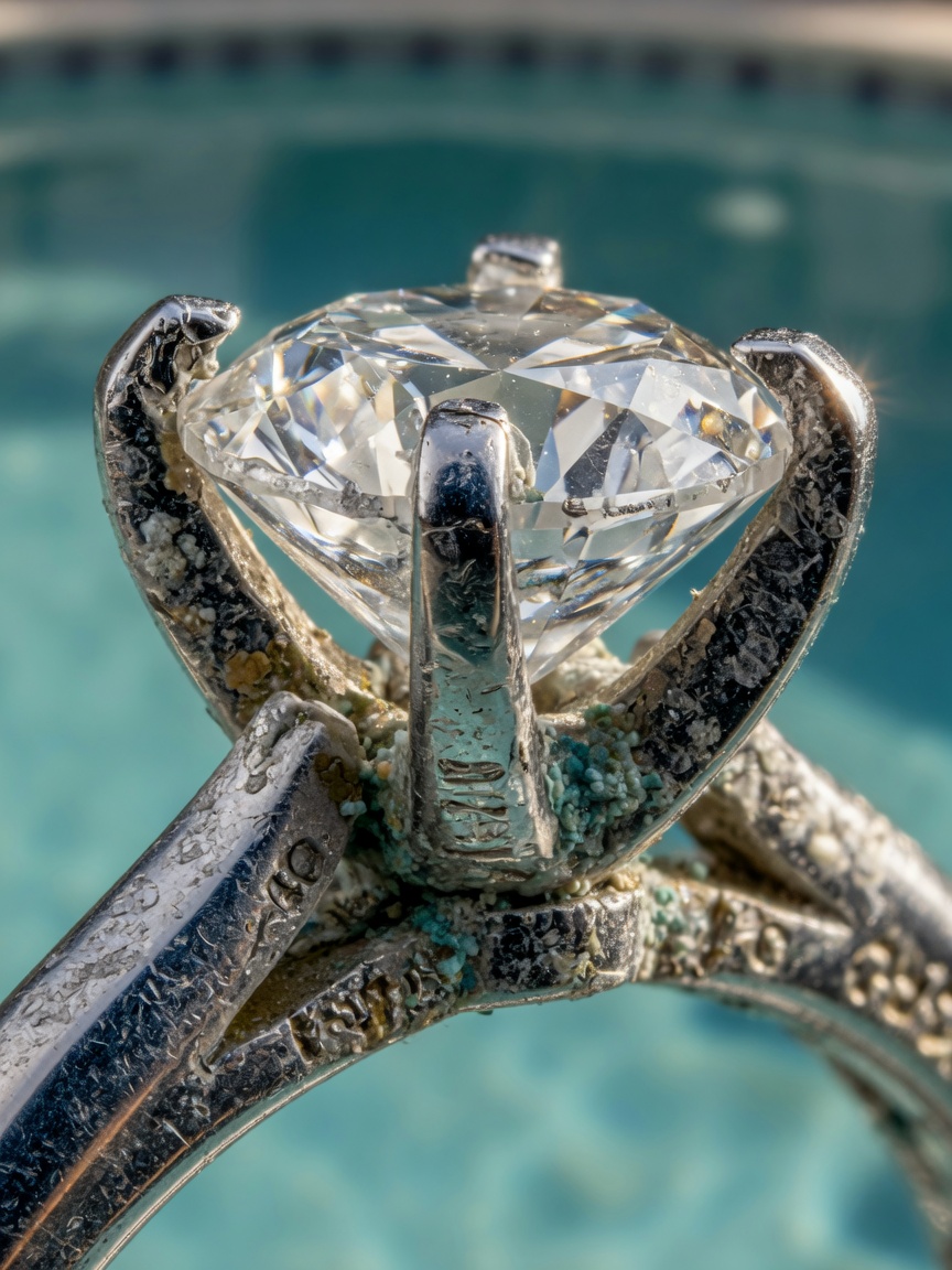 High detail image of prong setting damage from pool chemicals on diamond ring, extreme close-up, educational jewelry care macro shot, ultra-realistic 8K