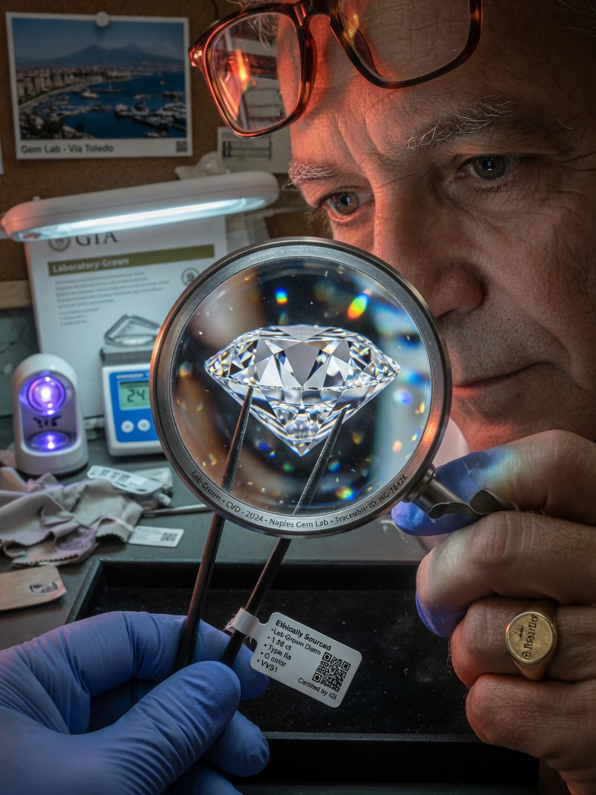 Close-up of ethically sourced lab-grown diamond being examined under jeweler's loupe by Naples gemologist, scientific and precise atmosphere