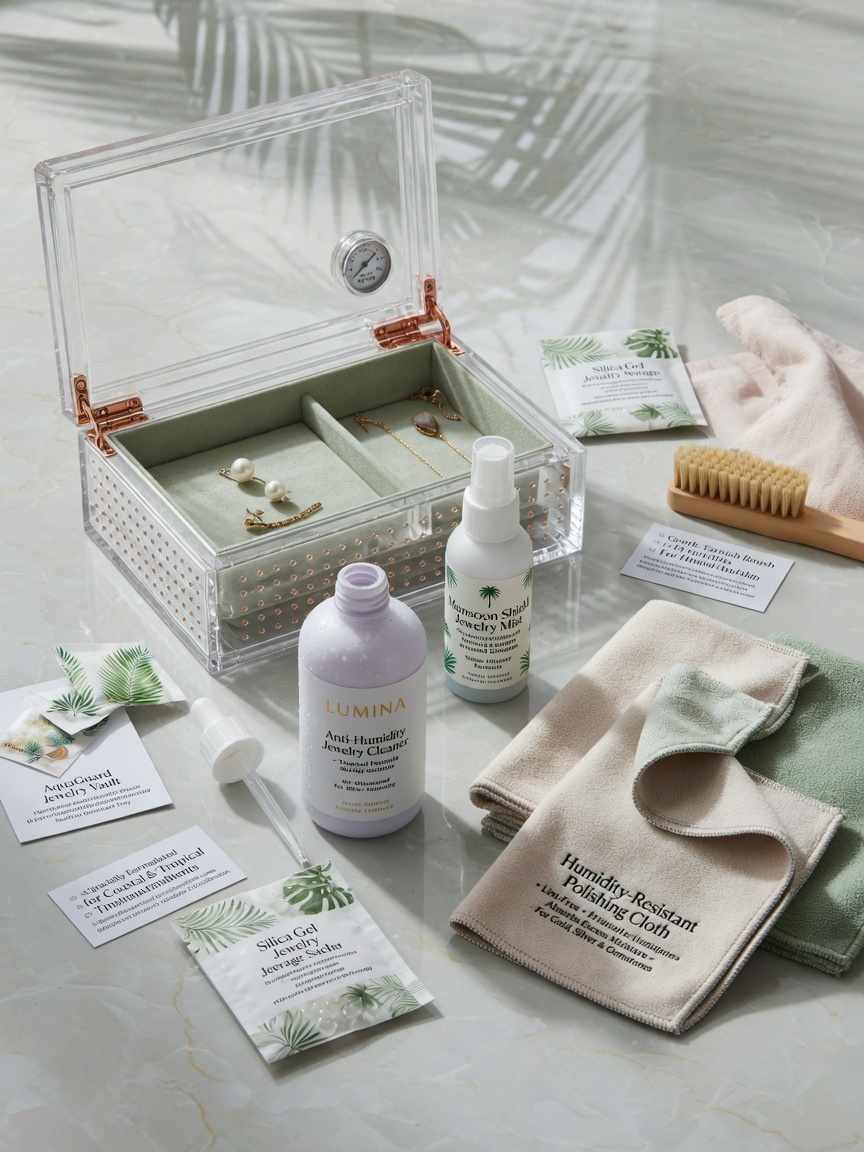 Elegant still life of jewelry care products specifically formulated for humid climates including polishing cloths, cleaners and storage solutions, 8K product shot