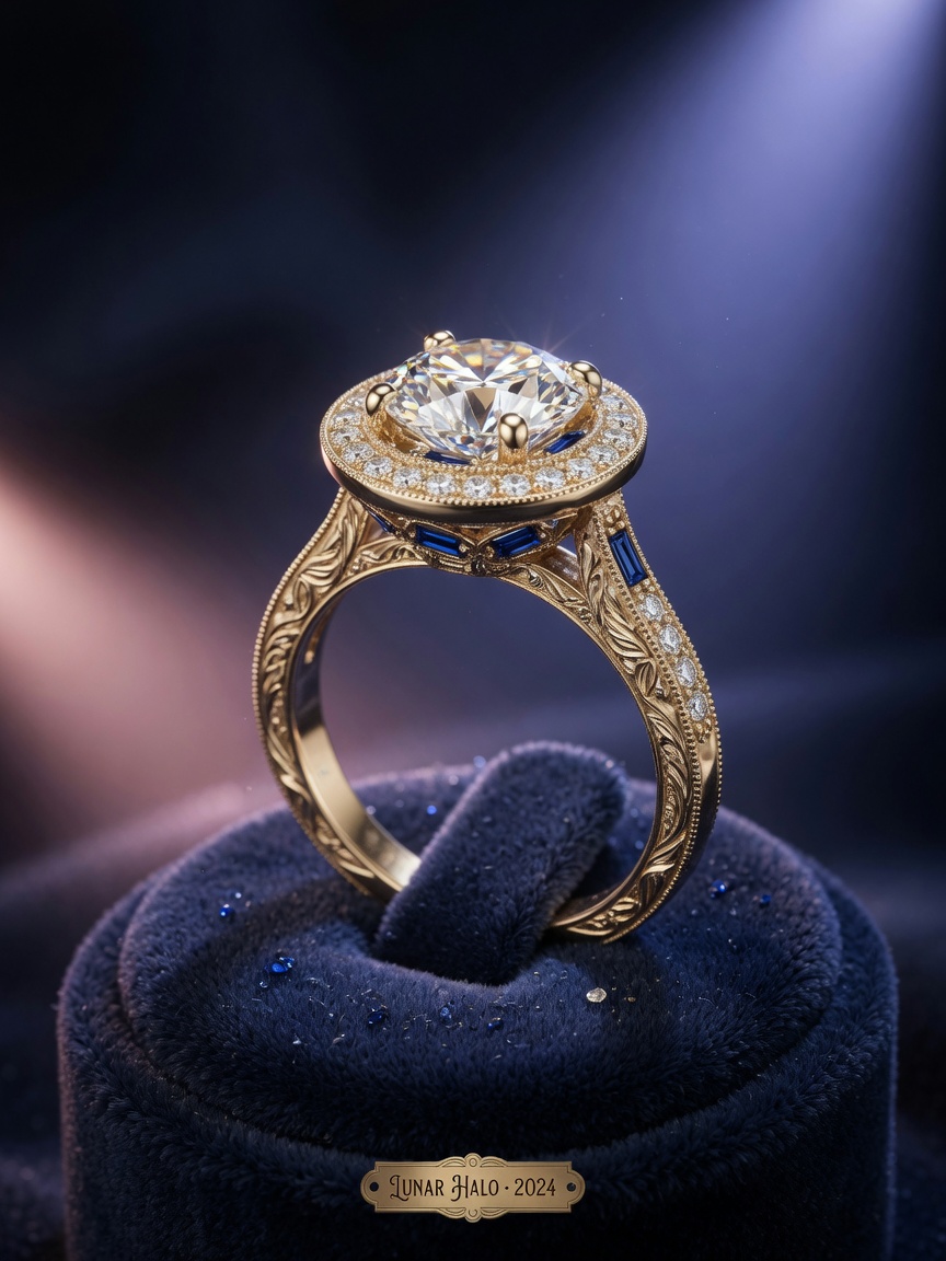 Vintage-inspired yet modern custom halo engagement ring with hidden sapphire accents, displayed on velvet ring holder with soft dramatic lighting, 8K product photography