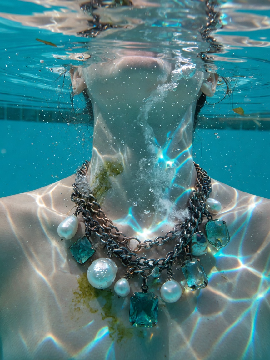 Underwater view of jewelry being worn in swimming pool showing chemical interaction, artistic conceptual photography with dramatic lighting, 8K resolution