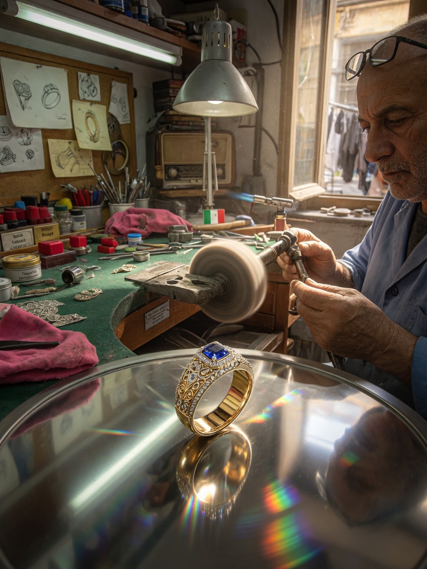 Artisan in Naples jewelry workshop hand-polishing a finished custom piece, creating beautiful reflections on the metal surface, realistic workshop details