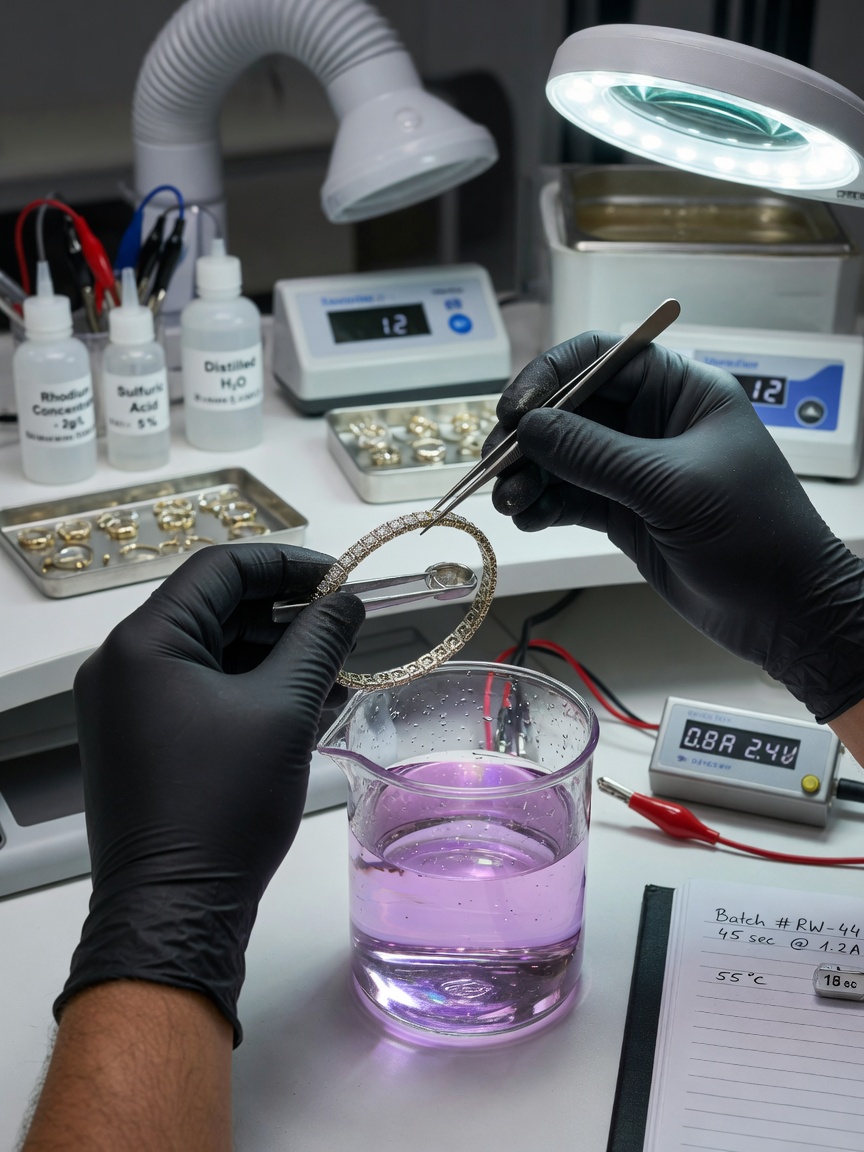 Master jeweler performing rhodium plating process on white gold jewelry in specialized workshop, detailed process photography, professional 8K image