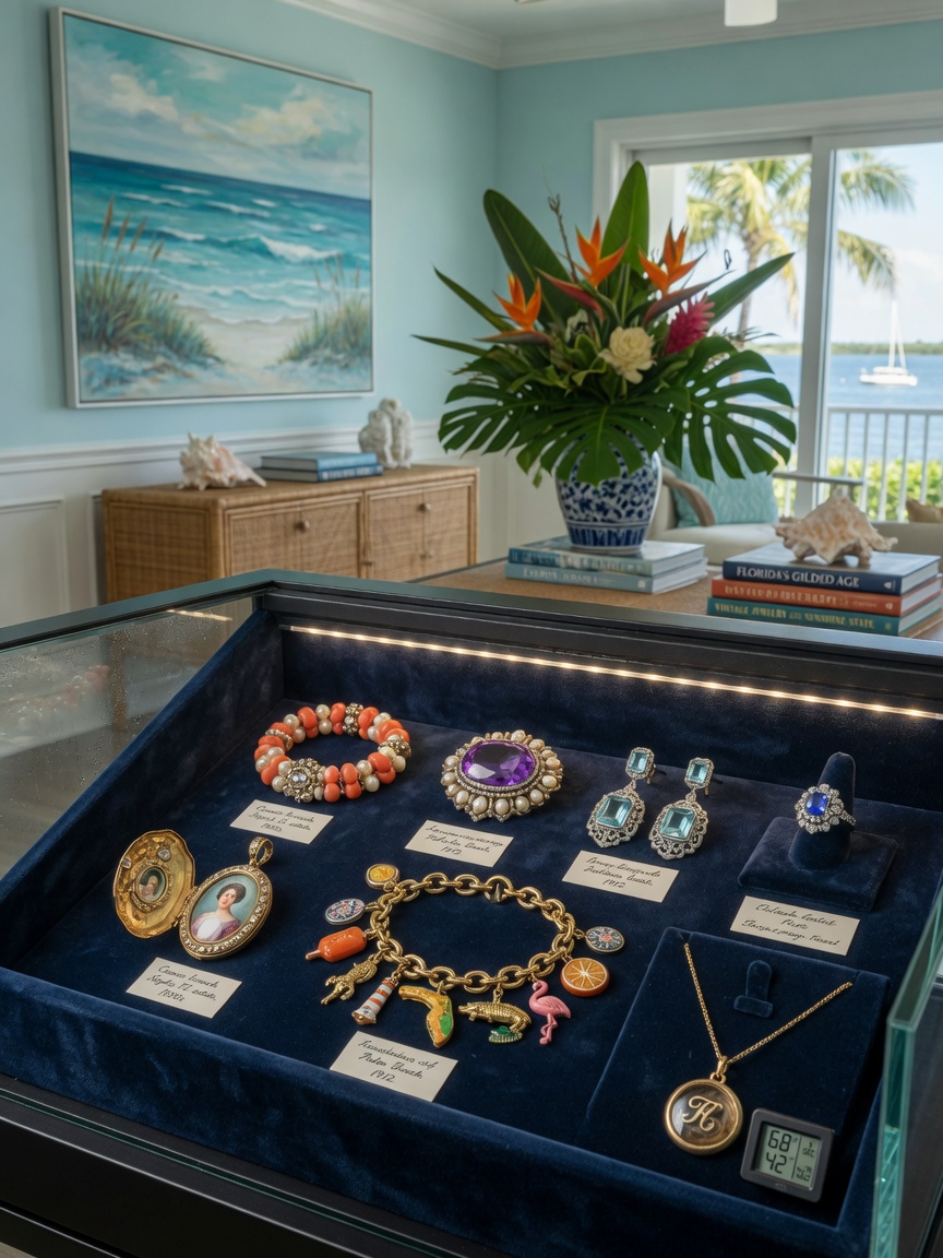 Stunning collection of well-maintained heirloom jewelry displayed on velvet in climate-controlled case with Florida coastal home interior background, luxury 8K photography