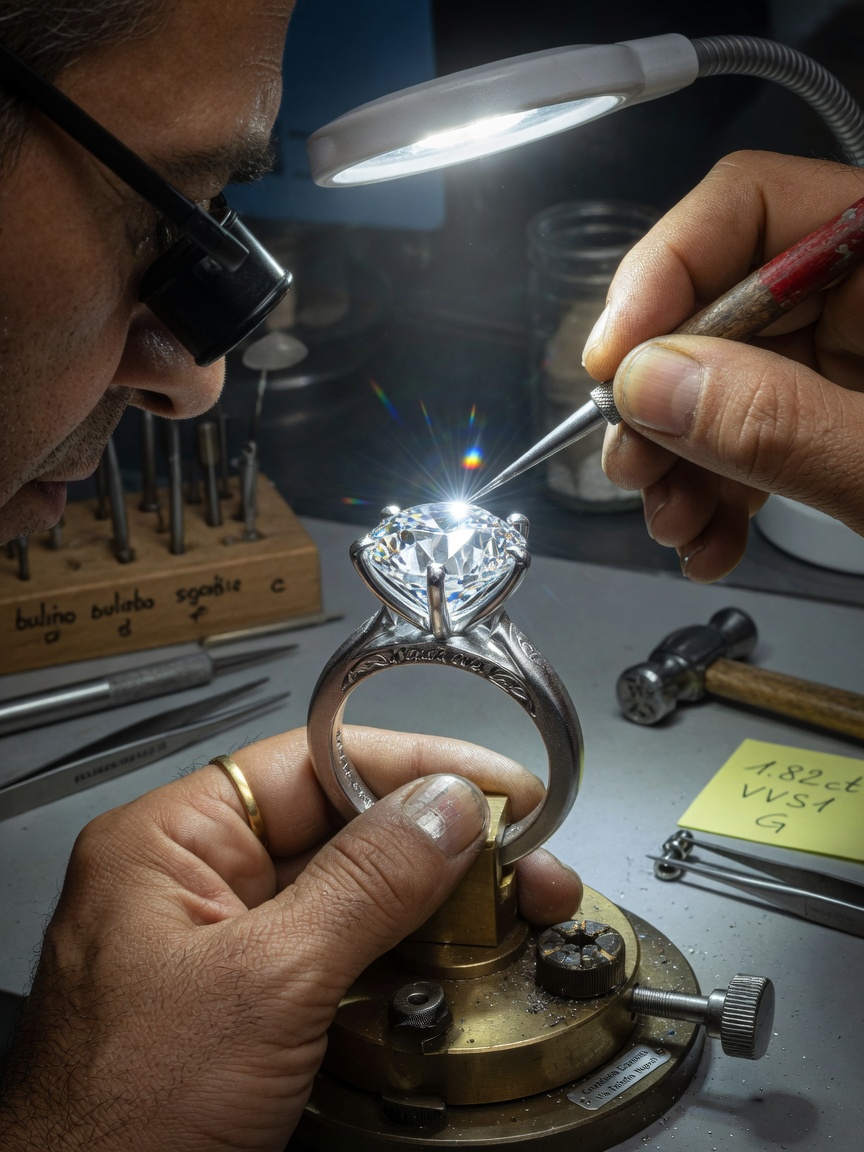 Close-up of skilled Naples jeweler's hands meticulously setting a brilliant round diamond into a custom platinum engagement ring using precision tools, ultra-detailed, 8K resolution